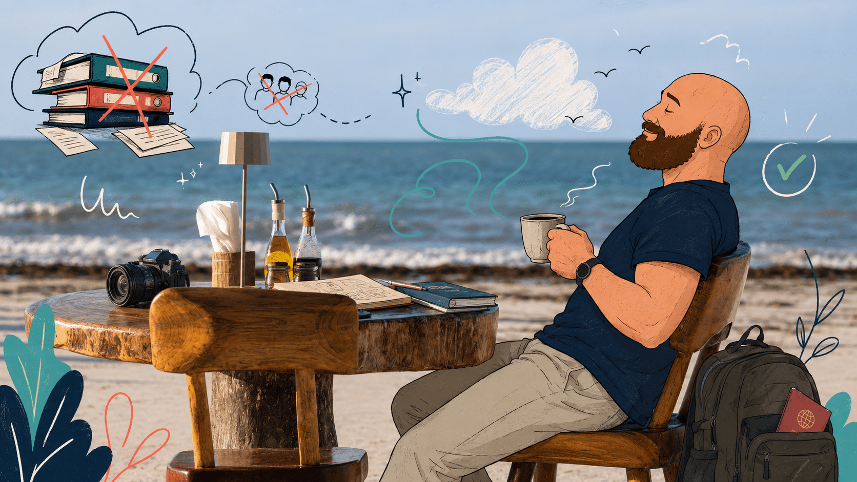 Pause apaisée, un café face à la mer